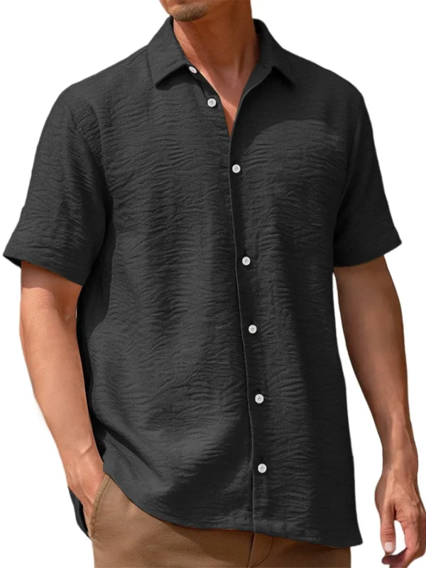 Men's Pleated Solid Color Short Sleeve Shirt - Image 2