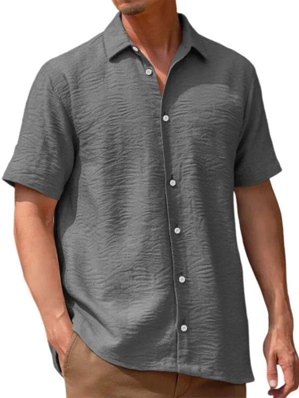 Men's Pleated Solid Color Short Sleeve Shirt - Image 3